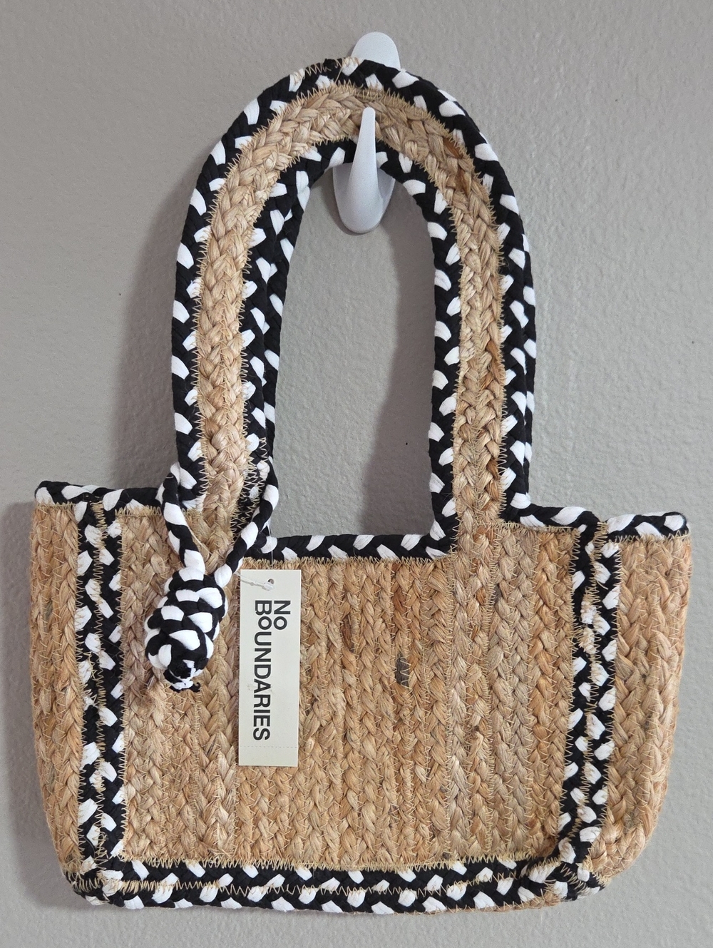 No Boundaries Natural Straw Mini Tote with Black & White Trim Braided Handles